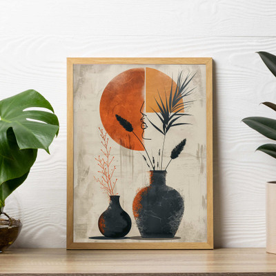 DECO THE HOME Boho Abstract Face & Vase Wall Art Frame | ModerN Sun & Botanical Poster Digital Reprint 12 inch x 9 inch Painting(With Frame)