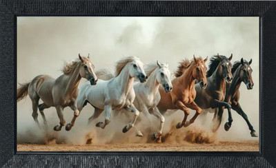 Tasvirra 7 Horses Running in Desert Vastu Wall Art for Living Room & Office Decor Digital Reprint 12 inch x 9 inch Painting(With Frame)