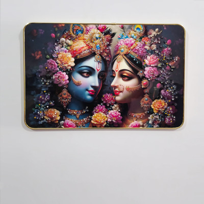 Masstone Radha Krishna Crystal Embedded High Gloss Surface with Golden Slim Frame Embossed 12 inch x 18 inch Painting(With Frame)
