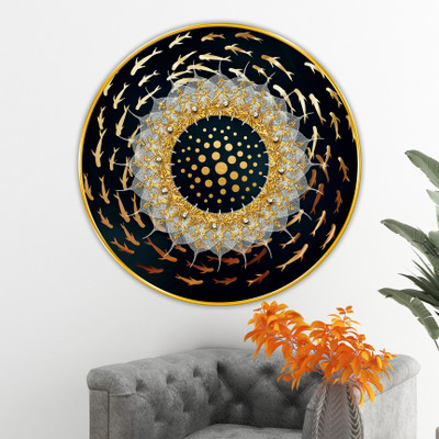 Aartify Golden Fish Circle Round Wall Art | Luxury Koi Fish & Mandala-Inspired Painting Digital Reprint 20 inch x 20 inch Painting(With Frame)