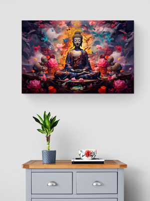 tushaco Handicrafts Buddha Painting Stretched Canvas Wrapped Wall Painting Canvas 15 inch x 25 inch Painting(With Frame)