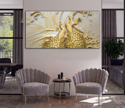 Aadee craft Golden Peacock Wall Art Canvas Print– 24x48 In Canvas 24 inch x 48 inch Painting(Without Frame)