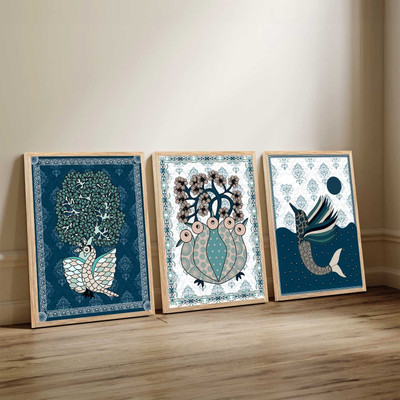 Mmory Traditional Wall Art Home Decor Gond Art Wall Painting For Living Room Bedroom Digital Reprint 17 inch x 13 inch Painting(With Frame, Pack of 3)