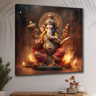 saf Wooden Framed Lord Ganesha Canvas Wall Painting for Home Décor and Office Digital Reprint 20 inch x 20 inch Painting(With Frame)