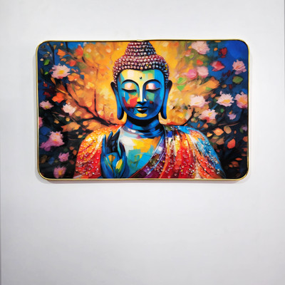 Masstone Buddha Meditation Crystal Embedded High Gloss Surface with Golden Slim Frame Embossed 12 inch x 18 inch Painting(With Frame)