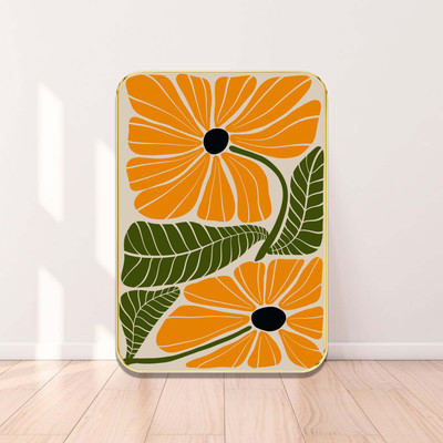 Aartify Vibrant Orange Floral Wall Art | Framed Botanical Wall Decor with Green Leaf Digital Reprint 24 inch x 18 inch Painting(With Frame)