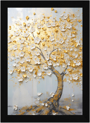 FRIZZY ARTS Golden Bloom Tree – 3D Floral Canvas with White Petals Digital Reprint 20 inch x 14 inch Painting(With Frame)