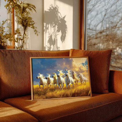 DECO THE HOME 7 Running White Horses Vastu Art Frame | Symbol of Power, Success & Prosperity Digital Reprint 12 inch x 9 inch Painting(With Frame)