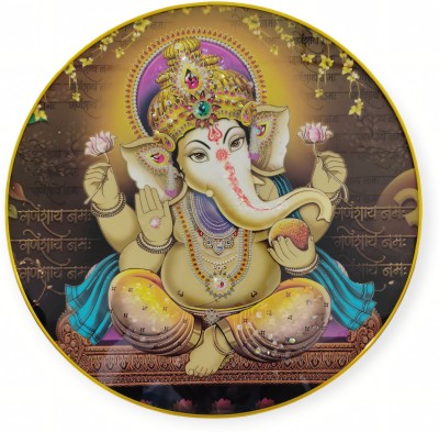 momento Momento Sree Ganesh Resin Coated Glossy Round Picture Frame with Golden Border Digital Reprint 12 inch x 12 inch Painting(With Frame)