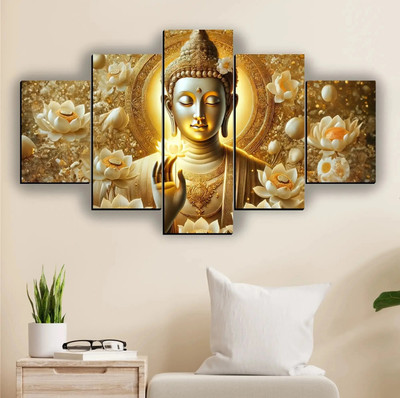 SNDArt Set Of 5 Lord Buddha Wall Paintings For Living Room Gift Items Digital Reprint 18 inch x 30 inch Painting(Without Frame, Pack of 5)
