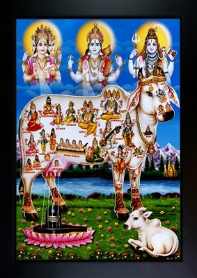 RV SALES Kamdhenu Cow with Brahma Vishnu Mahesh/Shiva Giving Blessing Digital Reprint 9 inch x 7 inch Painting(With Frame)