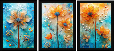 FRIZZY ARTS Large Abstract Floral Wall Art Digital Reprint 13 inch x 10 inch Painting(With Frame, Pack of 3)