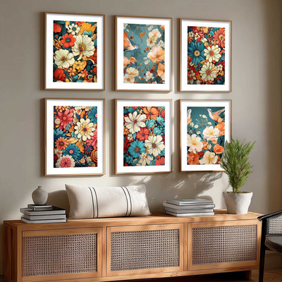 KOTART Floral Wall Paintings For Home Decor Living Room | Poster With Frames Digital Reprint 17 inch x 13 inch Painting(With Frame, Pack of 6)