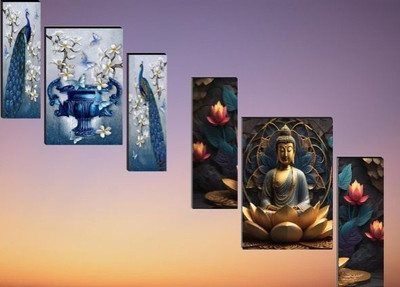 HALRE Set Of 2 Peacock Wall Painting With Lord Buddha Paintings For living Room Digital Reprint 11.5 inch x 17.5 inch Painting(Without Frame, Pack of 3)