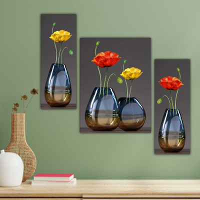 SNDArt (406)Set Of 3 Flower Pots Home Decor Wall Paintings For Living Room Digital Reprint 12 inch x 18 inch Painting(Without Frame, Pack of 3)