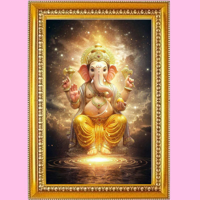 VANAPRINT Ganesh ji golden wall photo frame for pooja mandir home decor Digital Reprint 12 inch x 9 inch Painting(With Frame)