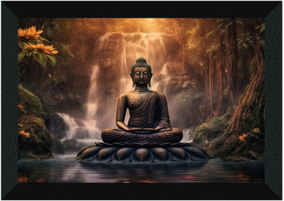 saf Lord Buddha Black Frame UV Textured Wall Painting Digital Reprint 14 inch x 11 inch Painting(With Frame)