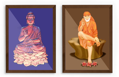 FRINTART Buddha and Sai Baba : Wisdom and Compassion Digital Reprint 10.5 inch x 8.5 inch Painting(Without Frame, Pack of 2)