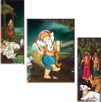 saf Divine Lord Ganesha Dancing Wall Art – Traditional Village Scene with Women Digital Reprint 12 inch x 20 inch Painting(Without Frame, Pack of 3)