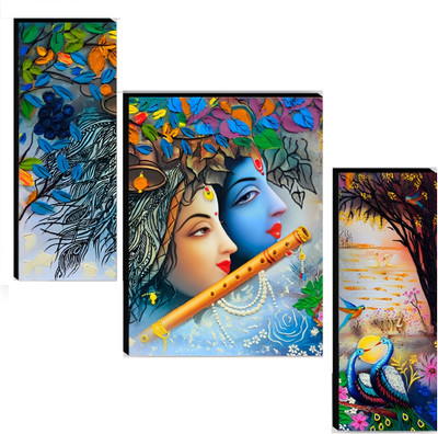 SNDArt (TX389)Set Of 3 Uv Textured Radha Krishna Wall Paintings For Home Décor Digital Reprint 12 inch x 18 inch Painting(Without Frame, Pack of 3)