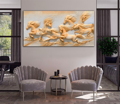 Aadee craft Seven Golden Horses Running Wall Art Canvas Print– 24x48 Canvas 24 inch x 48 inch Painting(Without Frame)