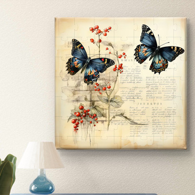 Aartify Vintage Butterfly Botanical Canvas Painting – Framed Wall Art for Home Décor Canvas 16 inch x 16 inch Painting(With Frame)