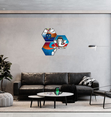 Lord Ganesha Set OF 3 Hexagon UV Textured Self adhesive Wall Painting Digital Reprint 17 inch x 17 inch Painting (Without Frame, Pack of 3) Paper Print(17 inch X 17 inch)