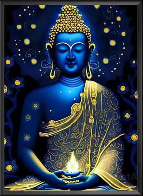 Sanvik Creations Lord Gautam Buddha Glowing Photo Frame On MDF Wood for Wall Decoration, Digital Reprint 8 inch x 12 inch Painting(With Frame)