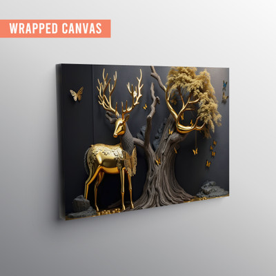 Fabsouk Golden Deer wallpainting Canvas 24 inch x 36 inch Painting(With Frame)