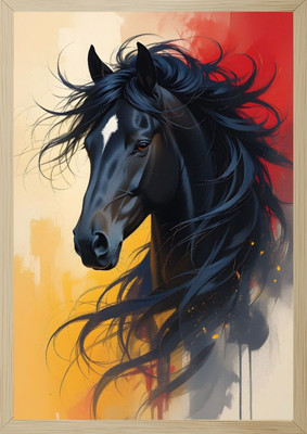 Tasvirra Black Horse Photo Frame | Stylish Animal Art Wall Décor for Home Digital Reprint 12 inch x 9 inch Painting(With Frame)