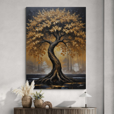 Artfluence Lucky tree golden abstract painting for wall decoration, living room big size 3D Painting 16.5 inch x 11.7 inch Painting(With Frame)
