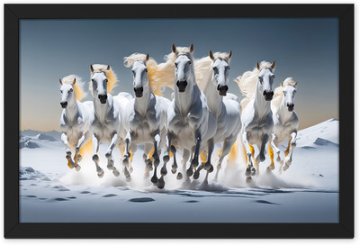 Ritwika's Seven White Horse Running In Snow Field Vastu Religious Framed Poster Digital Reprint 9.5 inch x 13.5 inch Painting(With Frame)
