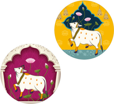 Indianara Set of 2 Pichwai Round Shape Wall Painting for living room/Home/Bedroom/Office Digital Reprint 12 inch x 12 inch Painting(Without Frame, Pack of 2)
