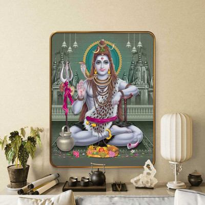 saf Golden Frame Sparkle Laminated Lord Shiva Wall Painting Digital Reprint 14 inch x 11 inch Painting(With Frame)