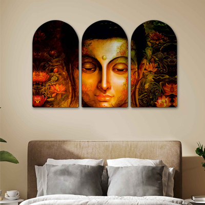 saf Golden Buddha Arch Shape Set of 3 MDF Framed Wall Painting for Home, Bedroom Digital Reprint 30 inch x 50 inch Painting(With Frame, Pack of 3)