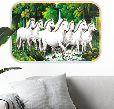 saf 7 Horses Large Sparkle Glossy Round Golden Framed Large Painting Digital Reprint 24 inch x 18 inch Painting(With Frame)