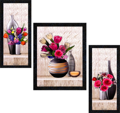 Poster N Frames Set of 3 with Acrylic Sheet (Glass) Floral Flower framed-0732 Digital Reprint 14 inch x 22 inch Painting(With Frame, Pack of 3)