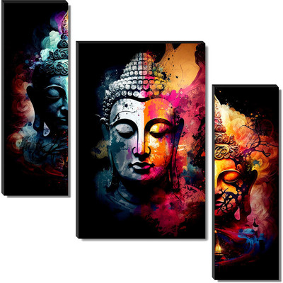 saf Lord Buddha Religious UV Textured Digital Reprint 18 inch x 12 inch Painting(Without Frame, Pack of 3)