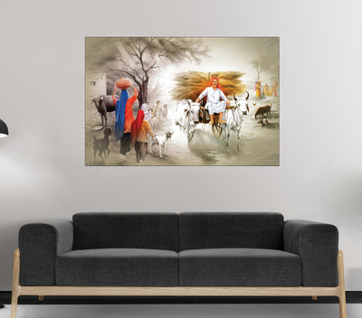 Masstone Rajasthani Village Folkart Luxurious UV Emboss Effect Exclusive Embossed 24 inch x 36 inch Painting(Without Frame)