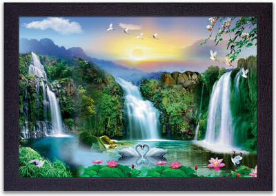 Masstone Vastu Waterfall Lucky UV Textured Effect Framed HD Digital Reprint 14 inch x 20 inch Painting(With Frame)