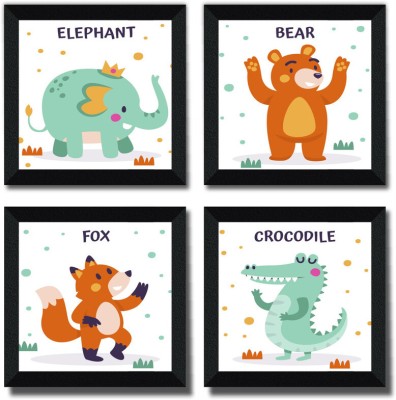 saf Set Of 4 Cute Animals Theme Painting for Kids Room And School Digital Reprint 10 inch x 10 inch Painting(With Frame, Pack of 4)