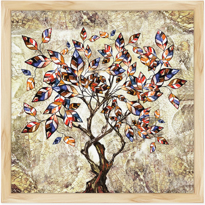 ArtX Abstract Tree Wall Art Natural Wood Color Framed Painting For Home Decorative Ink 13 inch x 13 inch Painting(With Frame)
