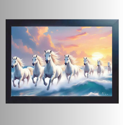 DEKOVA 7 White Horses Running Photo Frame for Wall Décor | Vastu Decorative Art Print Digital Reprint 9 inch x 12 inch Painting(With Frame)