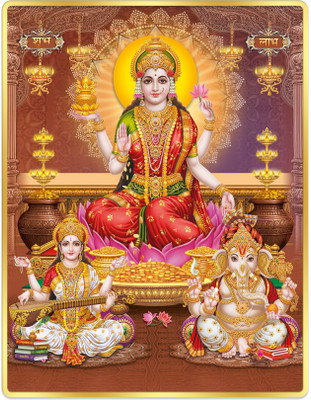 Indianara Laxmi, Saraswati & Ganesha Painting for Living | Bedroom | Pooja Room | Hotel Digital Reprint 13 inch x 10 inch Painting(With Frame)