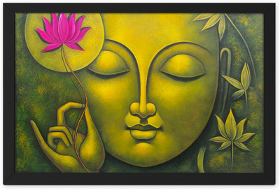 Ritwika's Lord Gautam Budhha Meditation Green With Flower Frame Painting Digital Reprint 9.5 inch x 13.5 inch Painting(With Frame)