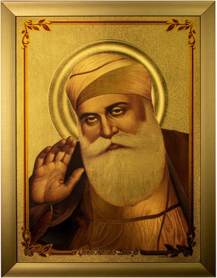 Anaadi Guru Nanak Dev Ji Thick Paper Golden Glitter Print Wall Décor Painting Digital Reprint 18 inch x 12 inch Painting(With Frame)