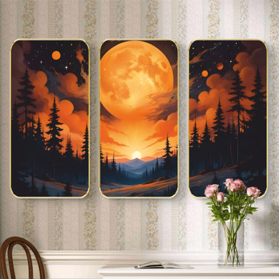 Aartify Set of 3 Golden Moon & Sunset Mountain Wall Art | Pine Forest Night Sky Painting Digital Reprint 20 inch x 30 inch Painting(With Frame, Pack of 3)