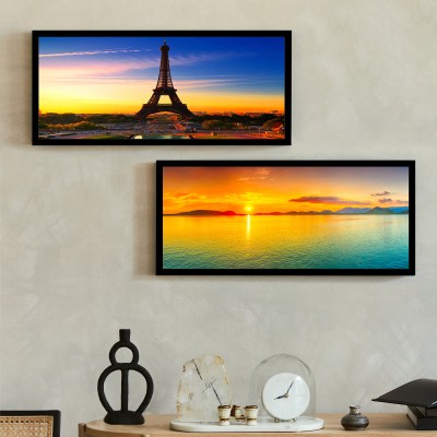 Painting Mantra Modern City of Love Eiffel Tower & Sunset Poster Framed Art Print Living Room Digital Reprint 18 inch x 8 inch Painting(With Frame, Pack of 2)