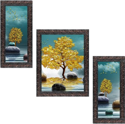 Indianara Set of 3 Abstract Art Framed (5353GBN) without glass Digital Reprint 13 inch x 10.2 inch Painting(With Frame, Pack of 3)