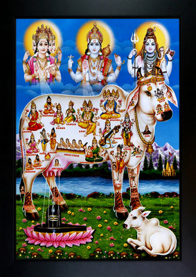 RV SALES Kamdhenu Cow with Brahma Vishnu Mahesh/Shiva Giving Blessing Digital Reprint 13.5 inch x 10 inch Painting(With Frame)